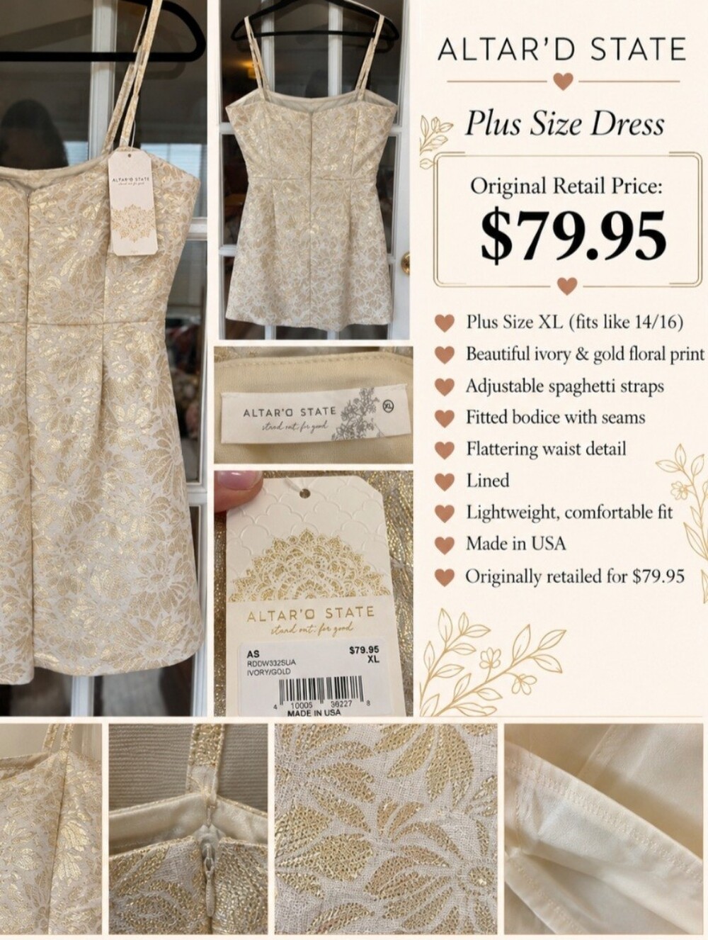 Altar'd State Ivory Gold Floral Romper XL NWT $79.95